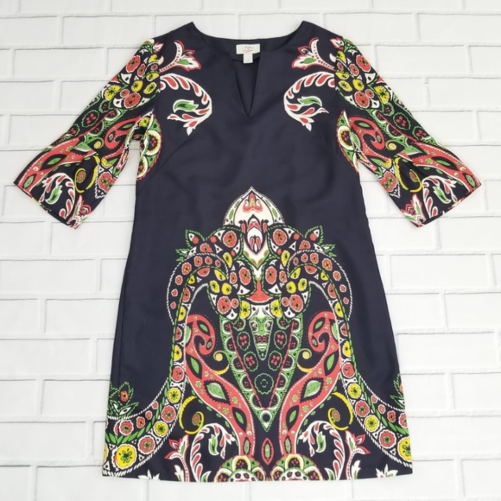 LOFT Motif Print Satin Bell Sleeve Shift Dress